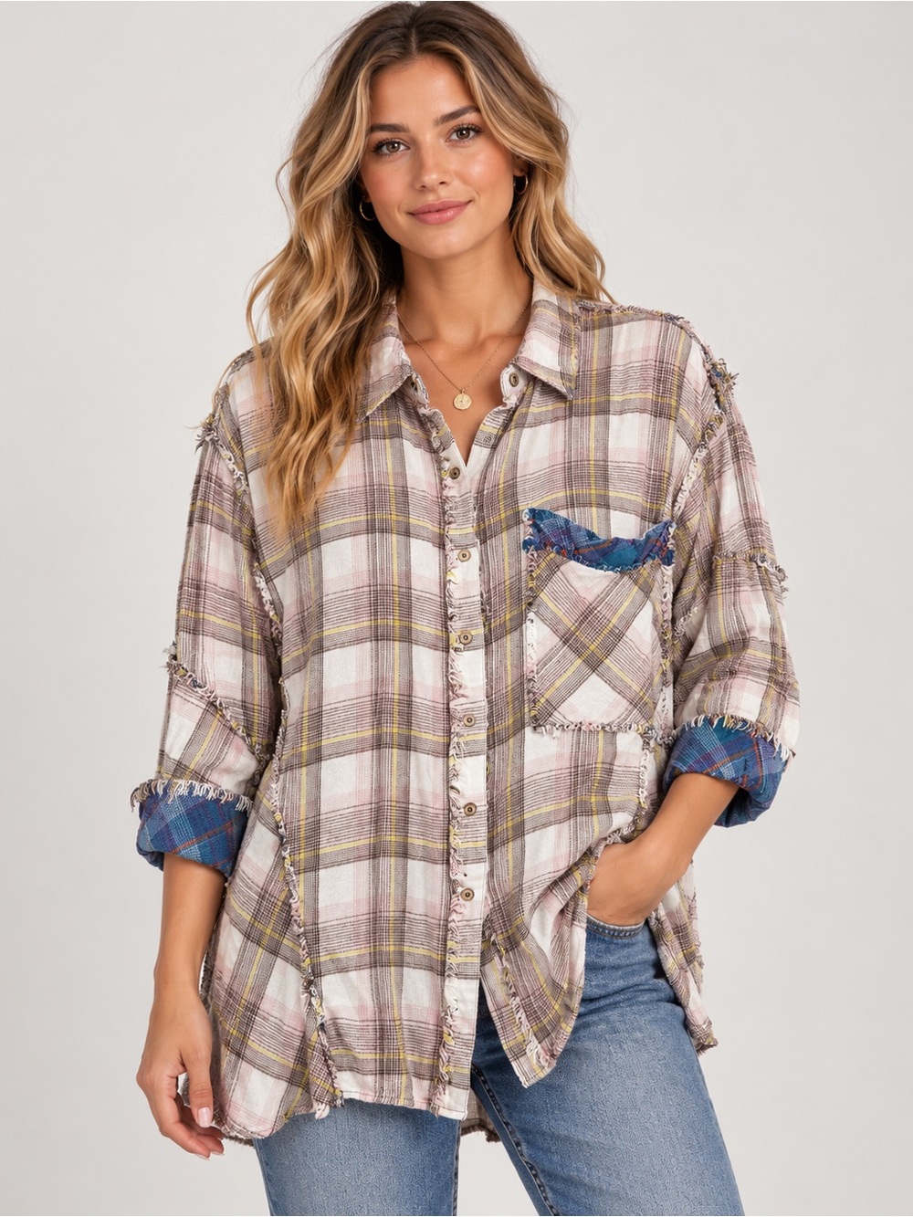 Free People We The Free Plaid Oversized Button Down Raw Fringe Patchwork Shirt